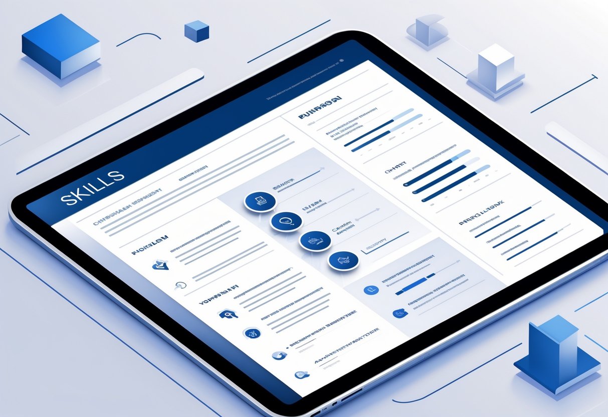 A digital resume layout highlighting technical and soft skills with icons and graphical elements on a clean digital device screen.