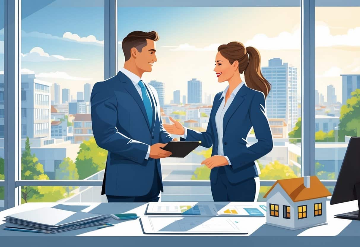 11 Real Estate Agent Resume Examples & Guide for 2025: Tips, Templates, and Expert Advice 1 A real estate agent talking with a client in an office with a city view and a model house on the desk.