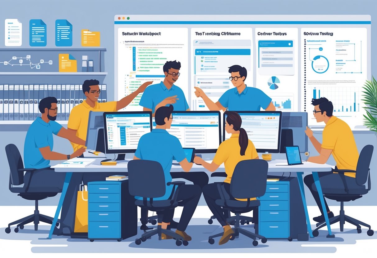 7 Software Tester Resume Examples & Guide for 2025: Stand Out with Modern Templates and Expert Tips 1 A group of seven software testers working together around a desk with computers and testing tools in a bright office.