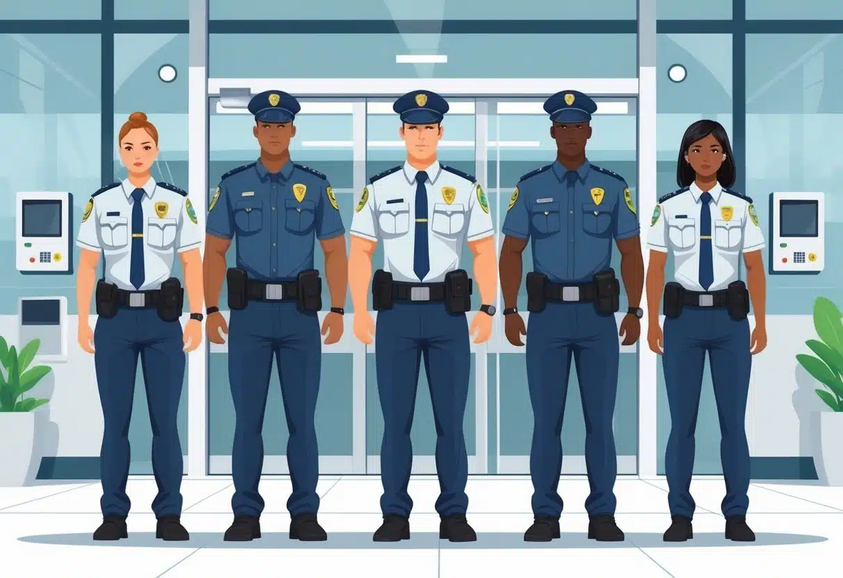 5 Security Guard Resume Examples & Guide for 2025: Templates, Tips, and Key Skills 1 Five security guards standing in front of an office building entrance, wearing uniforms and security equipment.