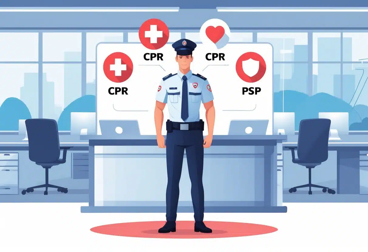 5 Security Guard Resume Examples & Guide for 2025: Templates, Tips, and Key Skills 2 A security guard in uniform with badges representing First Aid, CPR, and Physical Security certifications, standing in a modern security control room.