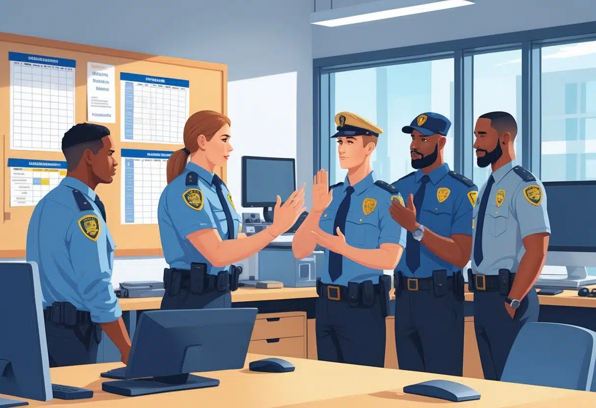 5 Security Guard Resume Examples & Guide for 2025: Templates, Tips, and Key Skills 3 A group of security guards communicating and resolving a conflict calmly in an office environment.