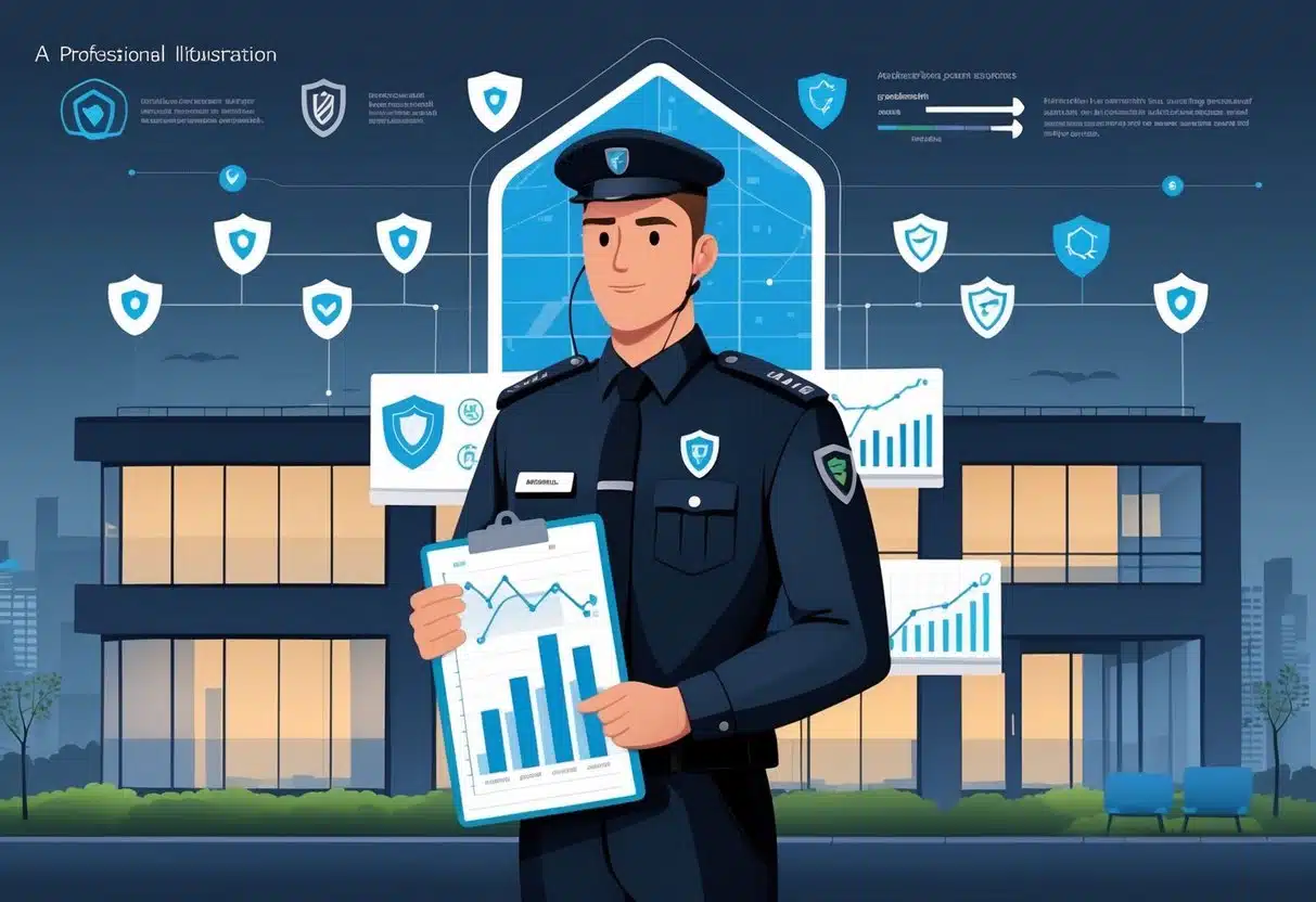 5 Security Guard Resume Examples & Guide for 2025: Templates, Tips, and Key Skills 4 A security guard standing confidently in front of an office building with security icons and charts overlaid in the background.