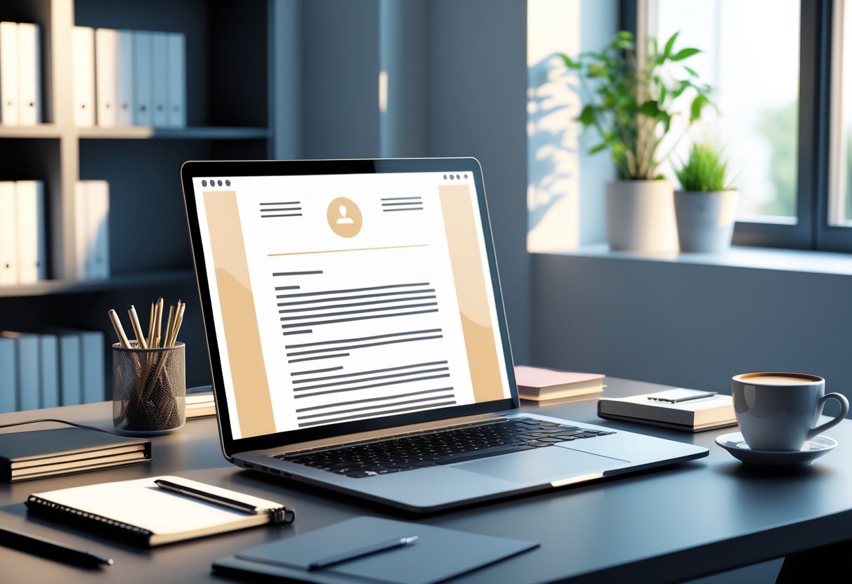 A tidy office desk with a laptop displaying a digital document, surrounded by stationery and a coffee cup, with a bookshelf and potted plant in the background.