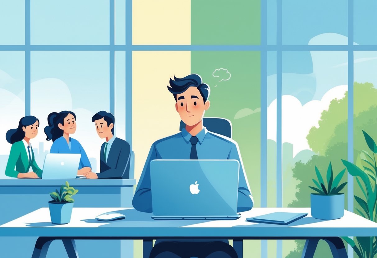 A person sitting at a desk looking thoughtful, with an office scene on one side and a peaceful outdoor scene on the other, representing a decision about staying or quitting a job.