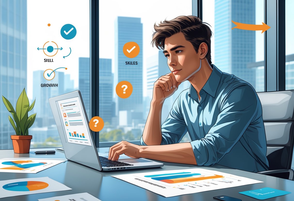 A young adult sitting at a desk in an office, thoughtfully reviewing documents on a laptop, surrounded by icons representing skills and decision-making.