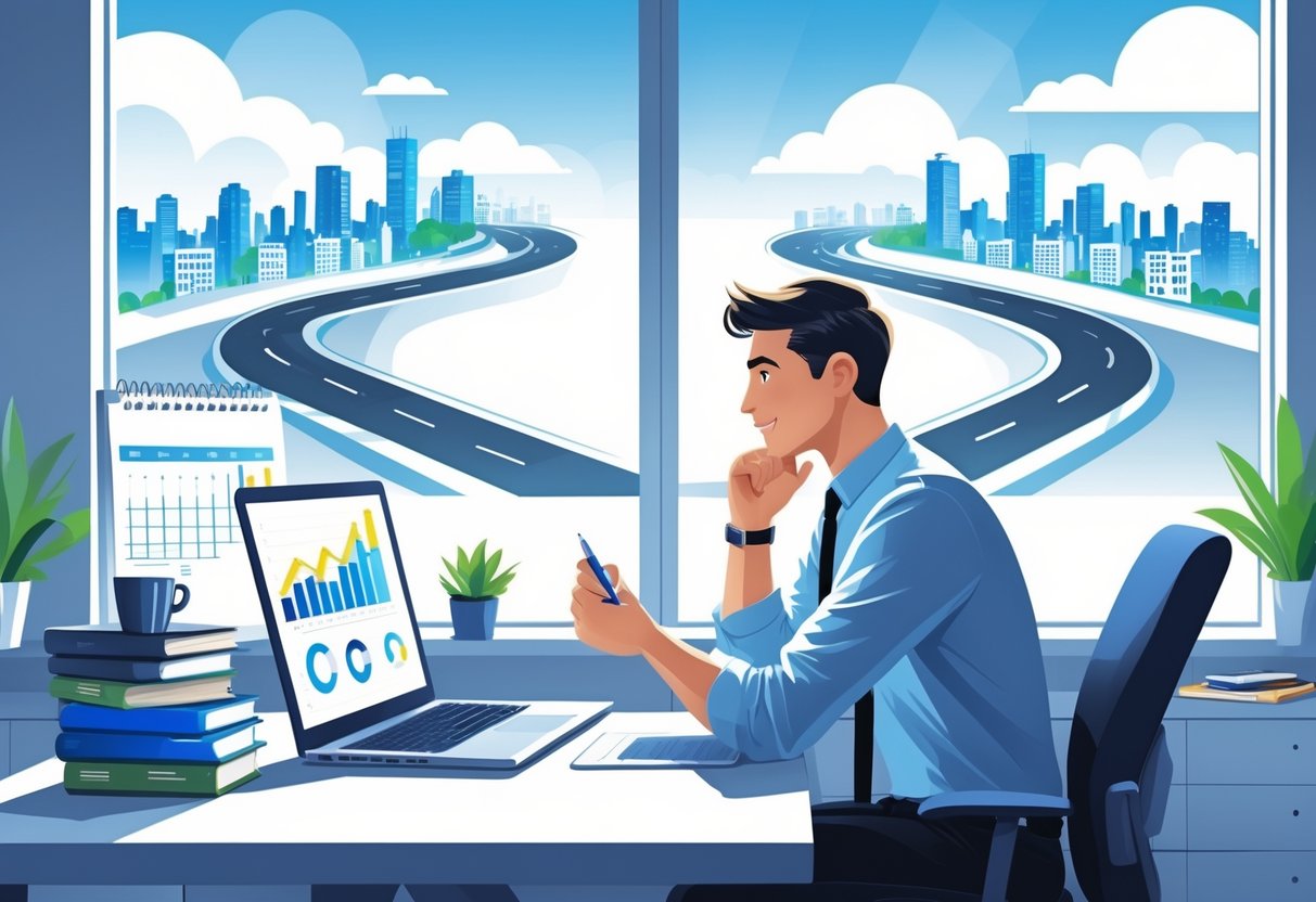 A professional person sitting at a desk in an office, thoughtfully considering two paths visible through a window, symbolizing a career decision.