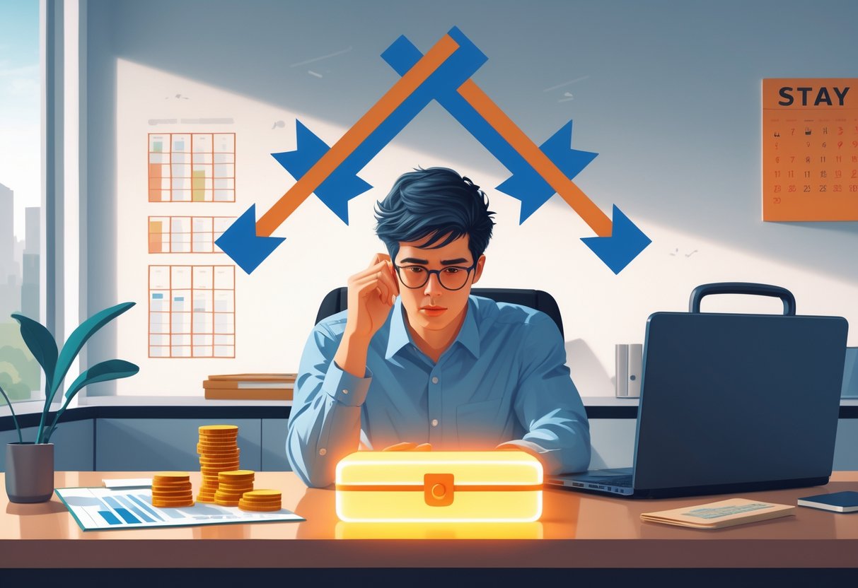 A person sitting at a desk looking thoughtfully at symbols representing financial stability and career choices, with a crossroads sign in the background.