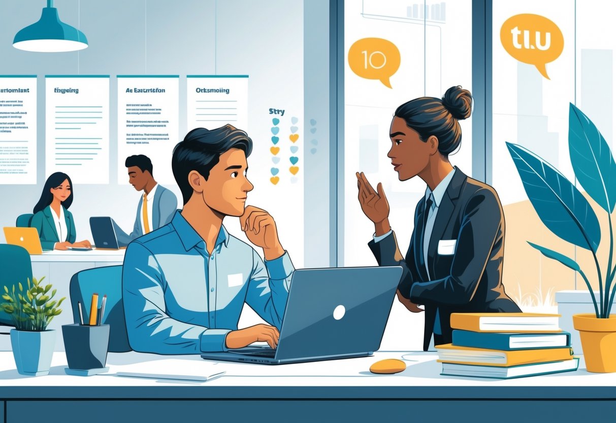 Two employees talking in an office, one sitting thoughtfully at a desk and the other standing nearby offering support.