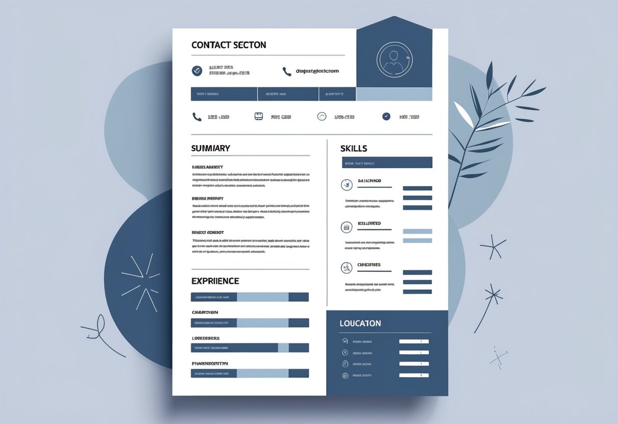 A Breakdown of a Successful One Page Resume: Essential Elements for Maximum Impact 2 An illustration showing the layout of a one-page resume with a highlighted top section for contact information and organized blocks below for skills, experience, and education.