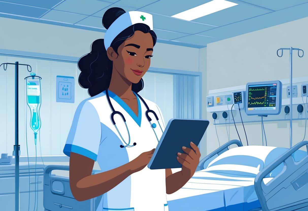A critical care nurse in scrubs stands in an ICU room with medical equipment, reviewing a digital tablet.