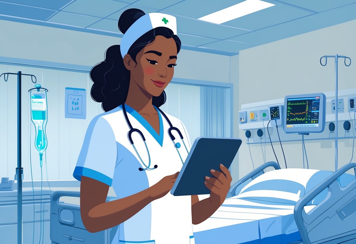 A critical care nurse in scrubs stands in an ICU room with medical equipment, reviewing a digital tablet.