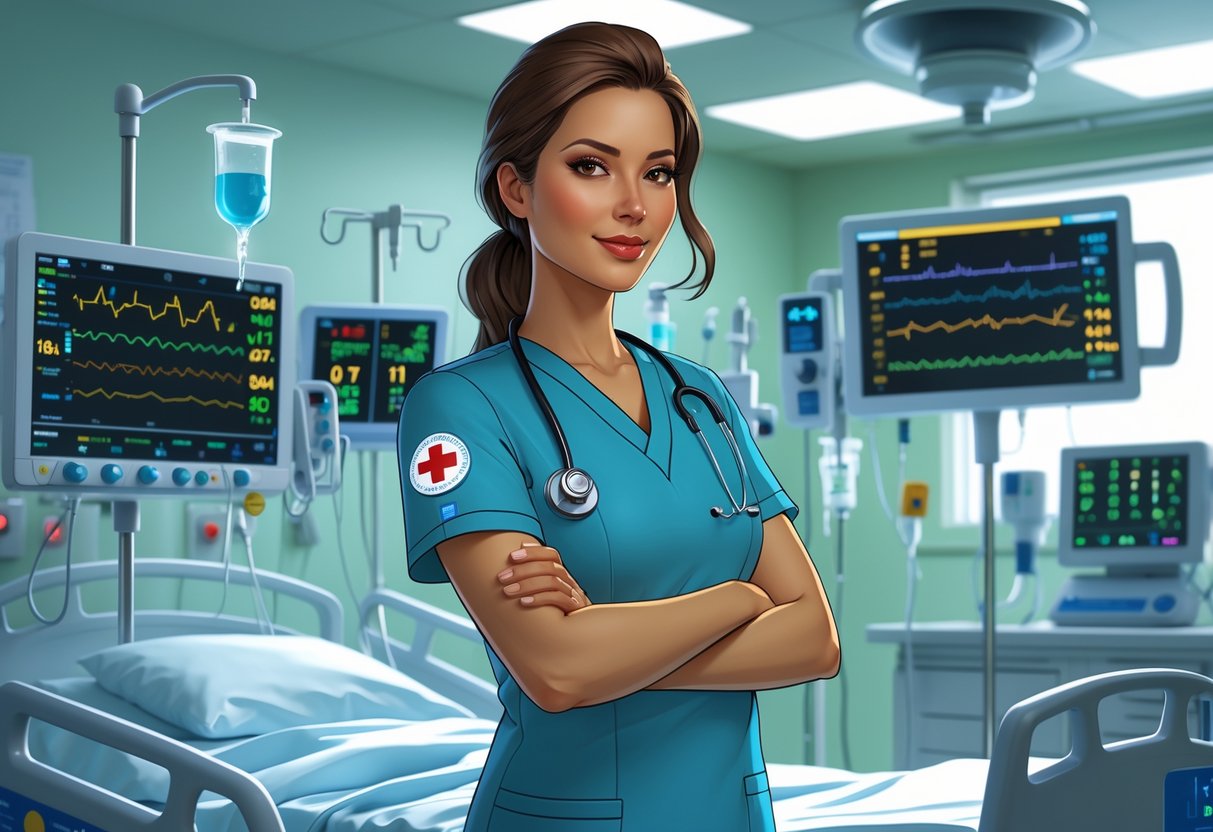 A critical care nurse in scrubs stands confidently in a hospital ICU room with medical monitors and equipment around, caring for a patient.