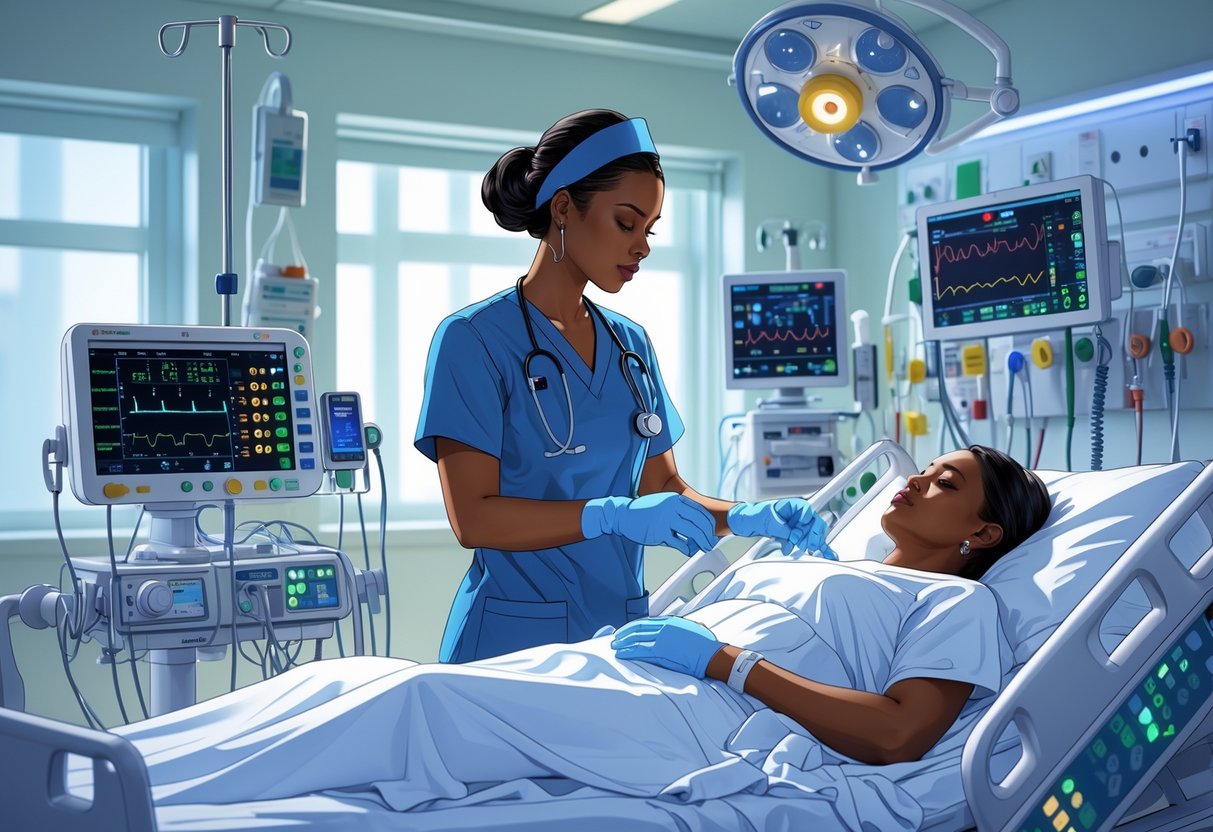 A critical care nurse performing advanced life support on a patient in a hospital intensive care unit surrounded by medical equipment.