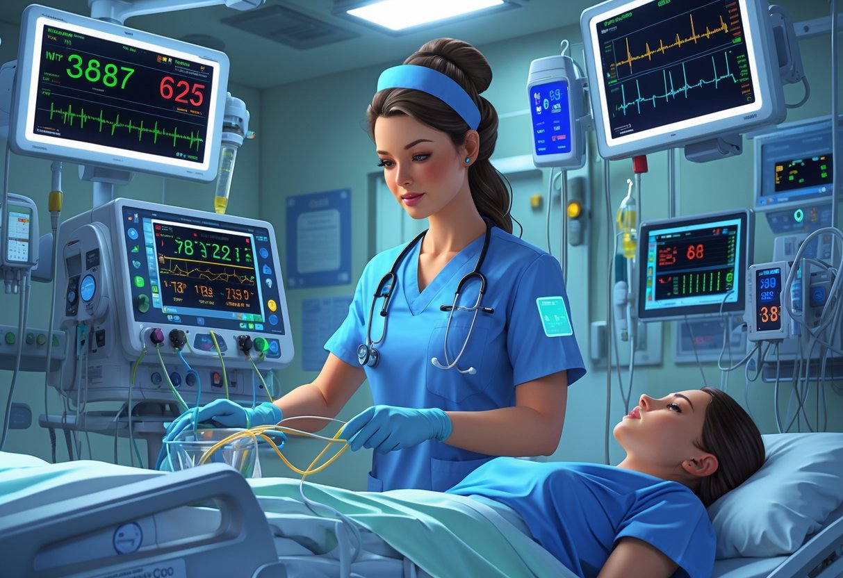 A critical care nurse managing ventilators and monitoring equipment in an intensive care unit, surrounded by digital screens showing patient vital signs.