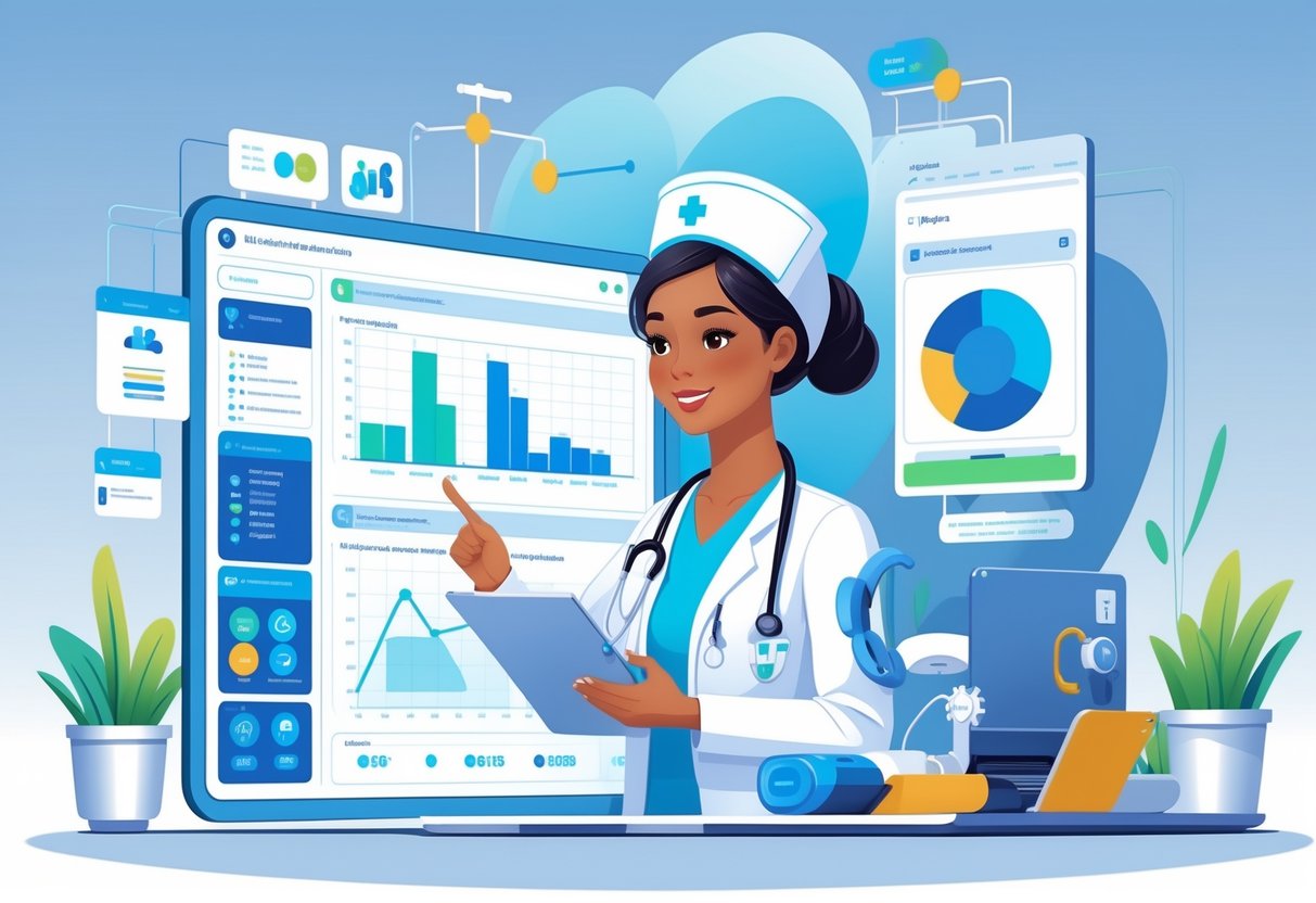 A critical care nurse reviewing digital charts and collaborating with colleagues in a modern ICU, surrounded by medical equipment and data displays representing process improvements.