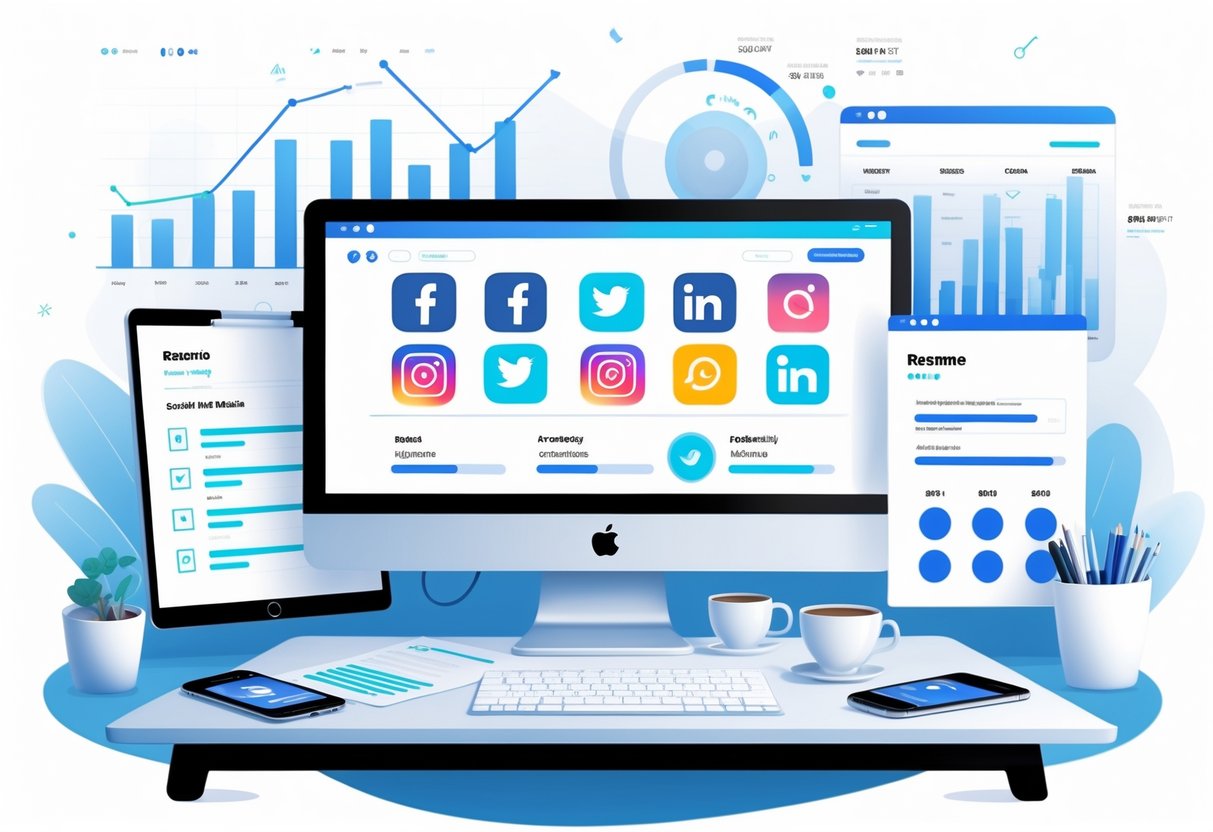 13 Social Media Marketing Resume Examples & Guide for 2025: Stand Out in the Competitive Job Market 1 A modern workspace with a computer showing social media icons, a resume document, smartphone, coffee cup, and calendar, surrounded by floating graphs and analytics visuals.