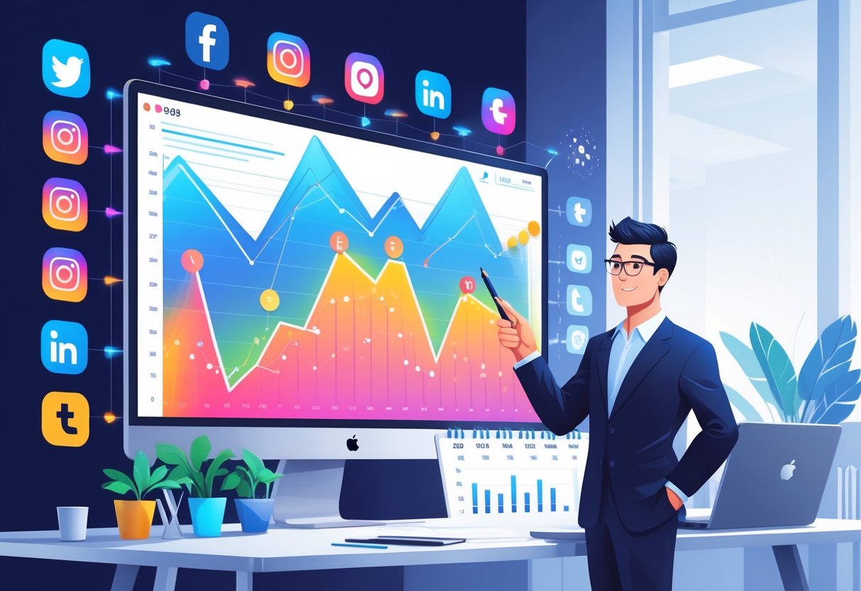 13 Social Media Marketing Resume Examples & Guide for 2025: Stand Out in the Competitive Job Market 2 A business professional analyzing upward-trending social media growth charts on a computer screen with social media platform icons around.