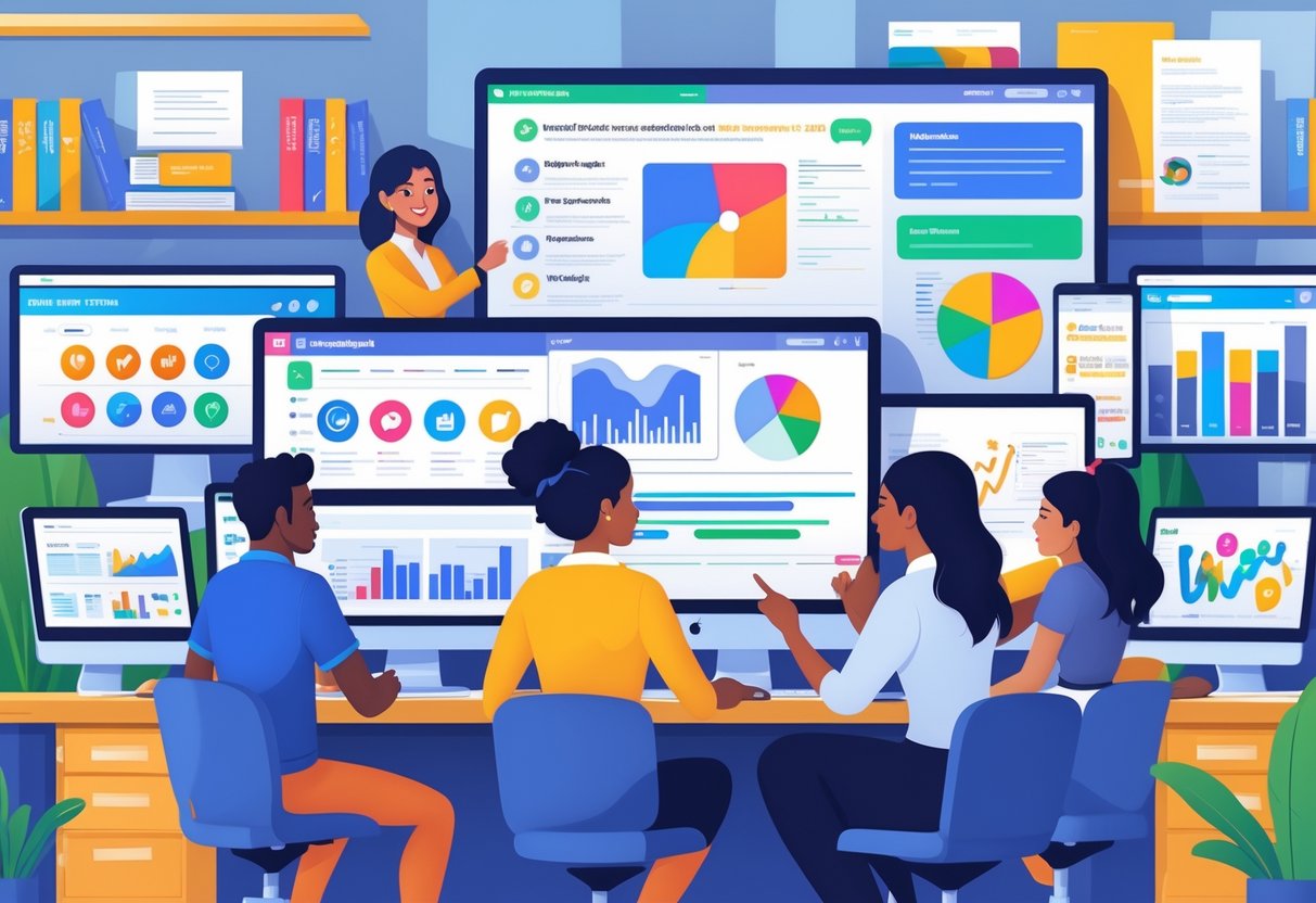 A diverse team of marketing professionals working together in a modern office with computers showing different digital content formats.