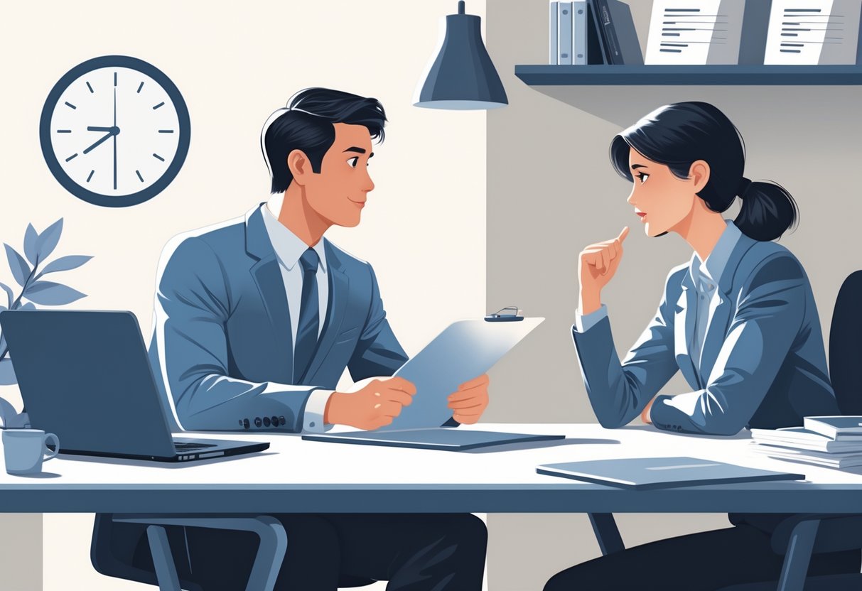 A job candidate and an interviewer sit across a desk in an office, with the interviewer holding a clipboard and the candidate listening attentively.
