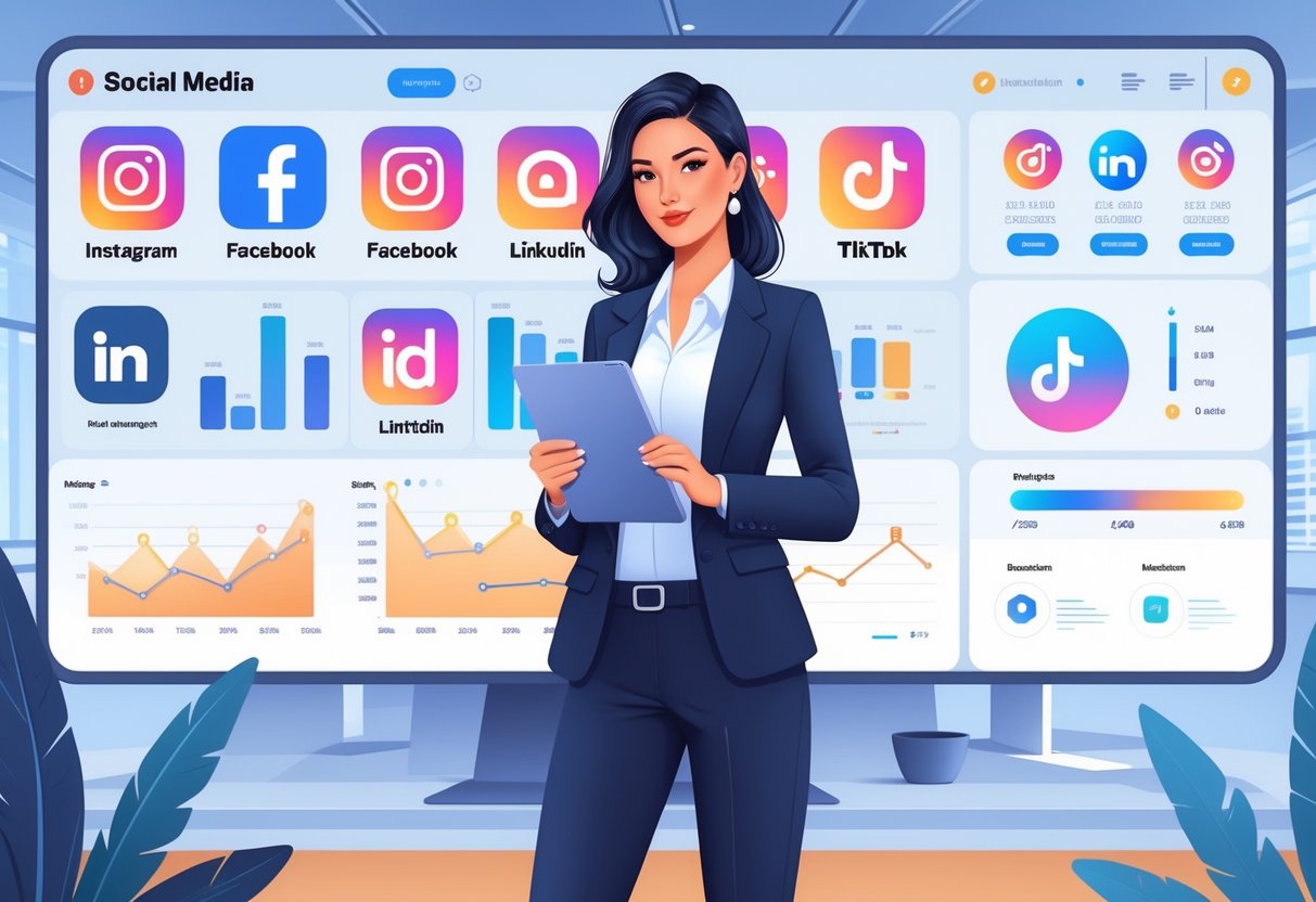 A businesswoman standing in front of digital screens showing social media platform icons and analytics in a modern office.