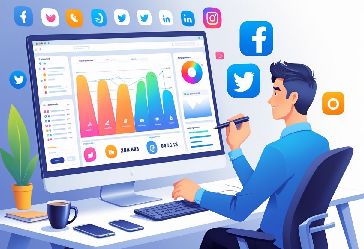 A person working at a desk with a computer showing social media management dashboards and icons of popular social media platforms floating around.