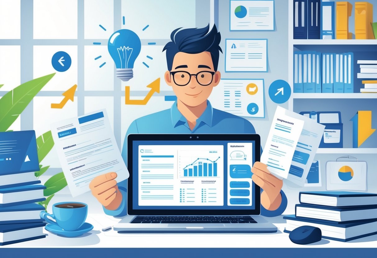 A person at a desk reviewing a resume on a laptop surrounded by symbols of learning and growth like books and lightbulbs.
