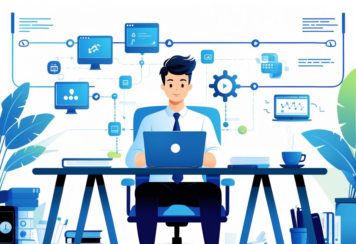 A young professional working at a desk with a laptop, interacting with floating digital icons and a timeline showing past learning milestones.