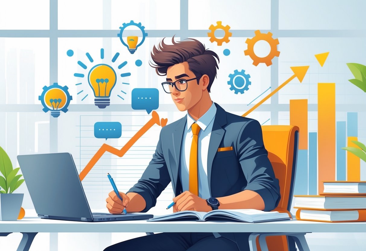 A young professional working at a desk with a laptop and notebooks, surrounded by symbols of learning and growth like books, light bulbs, and arrows.