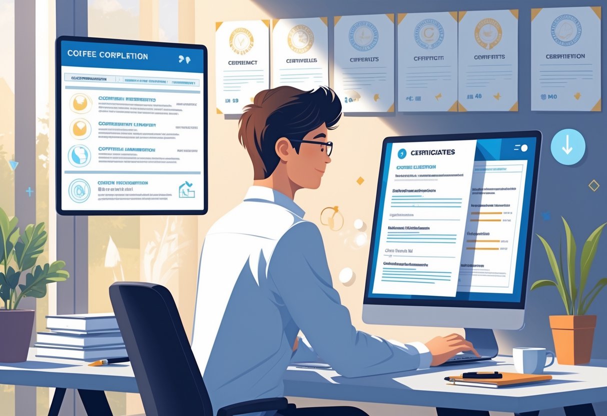 A person working at a desk with certificates and course badges displayed behind them, typing on a laptop with a resume open.