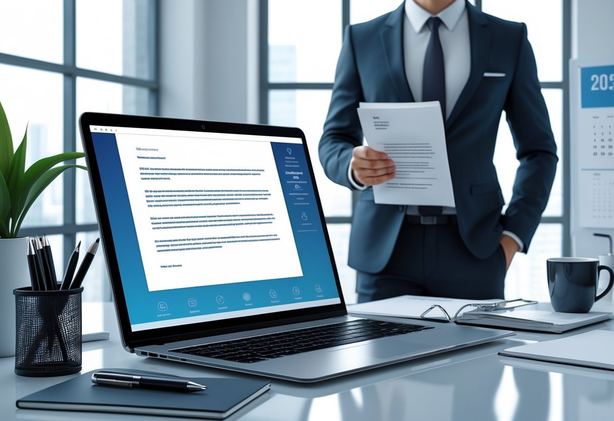 A business professional reviewing documents at a desk with a laptop, stationery, and a coffee cup in a bright office.