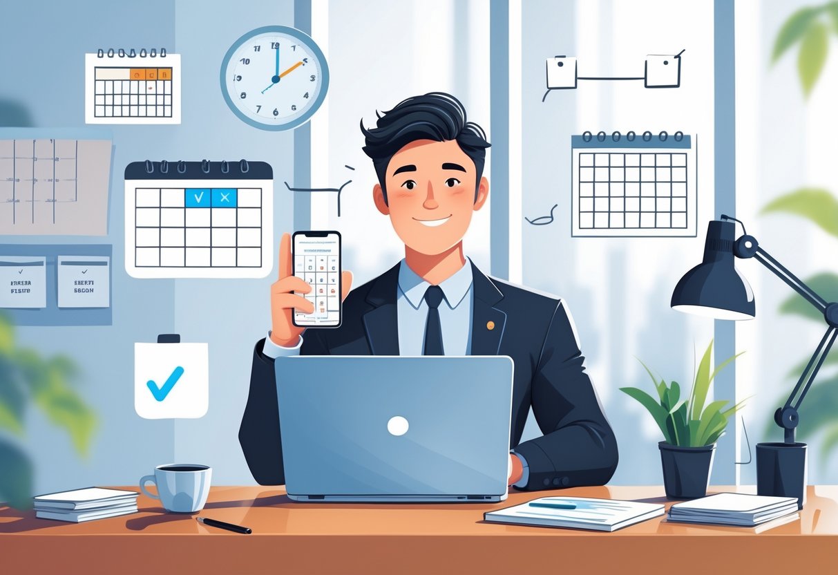 A person in business attire at a desk using a phone and laptop, with a calendar and clock nearby, representing rescheduling an interview.