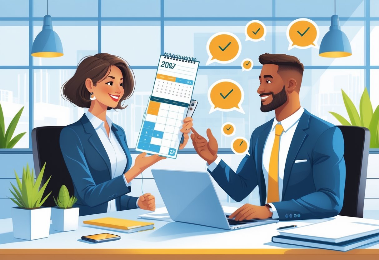 A job candidate and an interviewer discussing alternative interview dates and times in a bright office with a calendar, clocks, and a laptop on the desk.