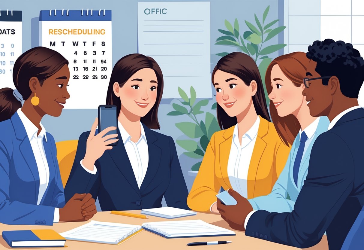 People in a professional office having a polite conversation about rescheduling an interview.
