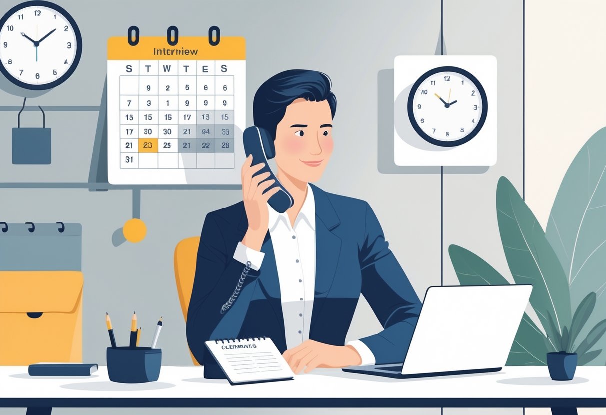A person in business attire speaking on the phone at a desk with a laptop, calendar, and clock nearby, suggesting rescheduling an interview.