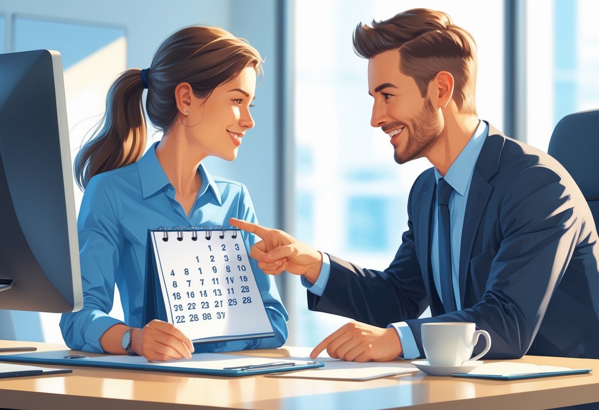 Two people in an office discussing and agreeing on a date using a calendar during a professional meeting.