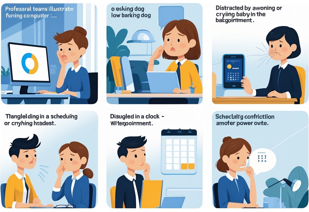 Seven scenes showing different people missing a work meeting due to technical issues, distractions, illness, scheduling conflicts, and power outages.