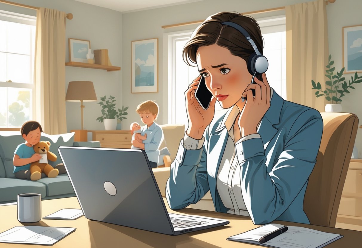 7 Excuse for Missing a Work Teams Meeting: Valid Reasons to Explain Your Absence 2 A person at a home desk looks concerned while a family member comforts a child in the background, showing a family emergency interrupting work.