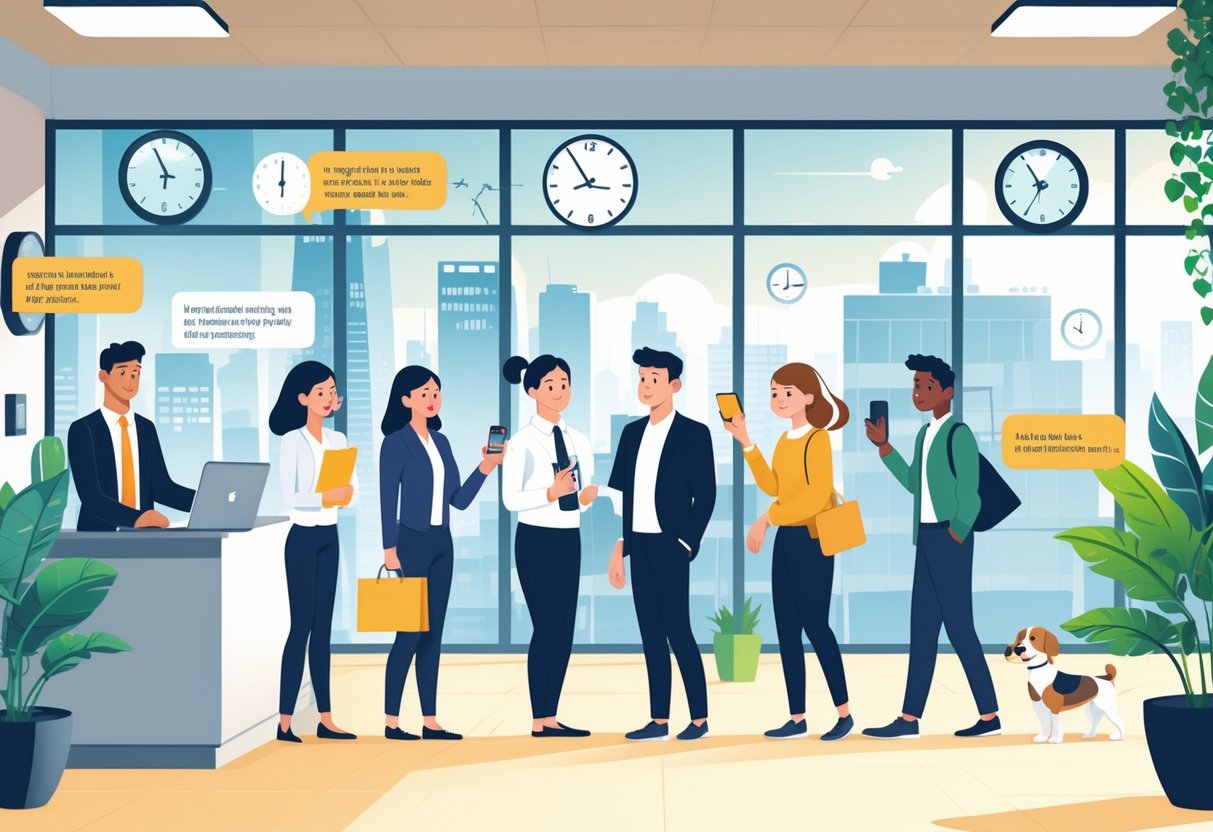 Employees arriving late to work with various harmless reasons in a modern office setting, showing understanding interactions between coworkers and a manager.