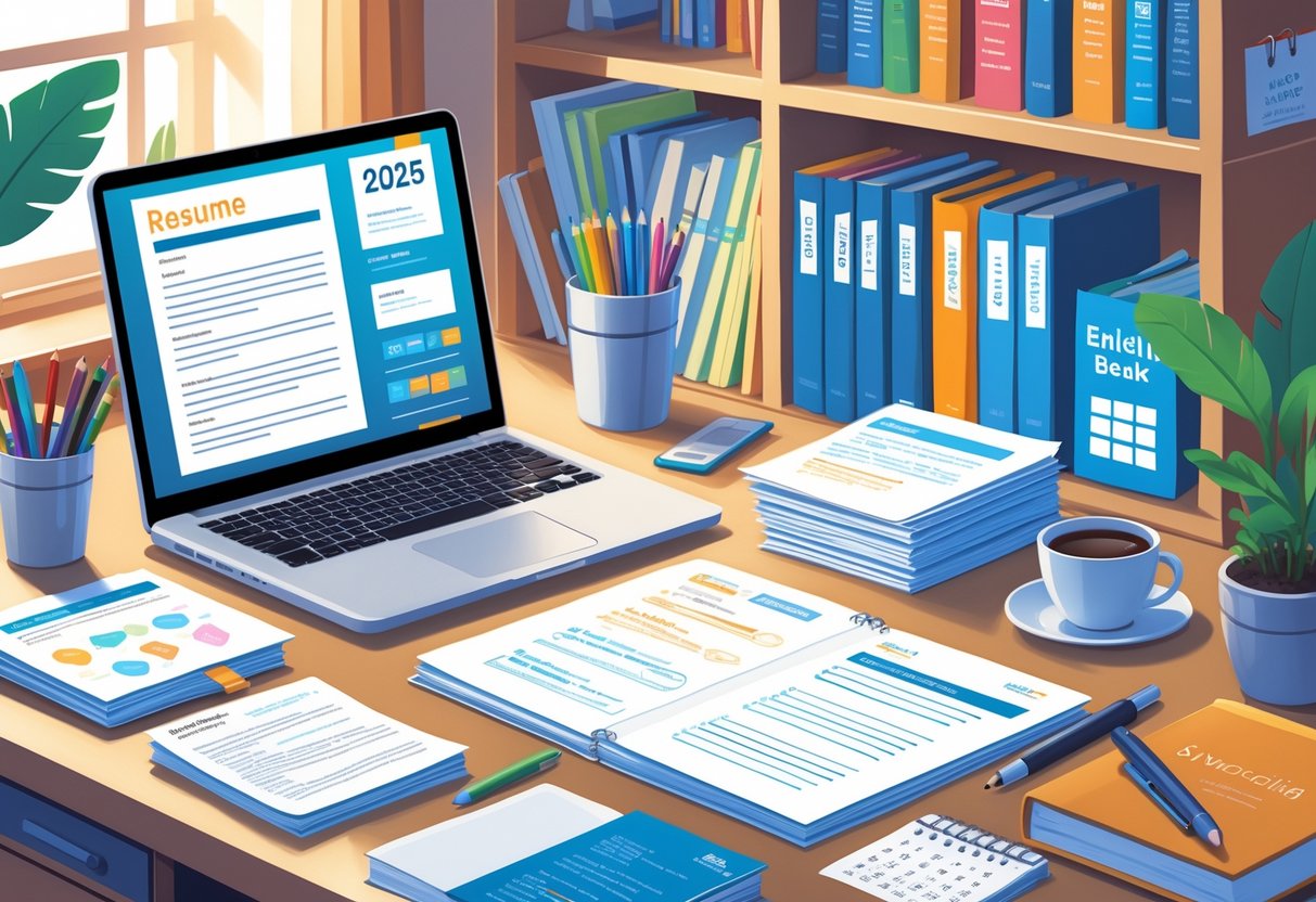13 English Teacher Resume Examples & Guide for 2025: Expert Tips to Impress Schools 1 A tidy teacher's desk with a laptop, papers, books, and a coffee cup in a well-lit room.