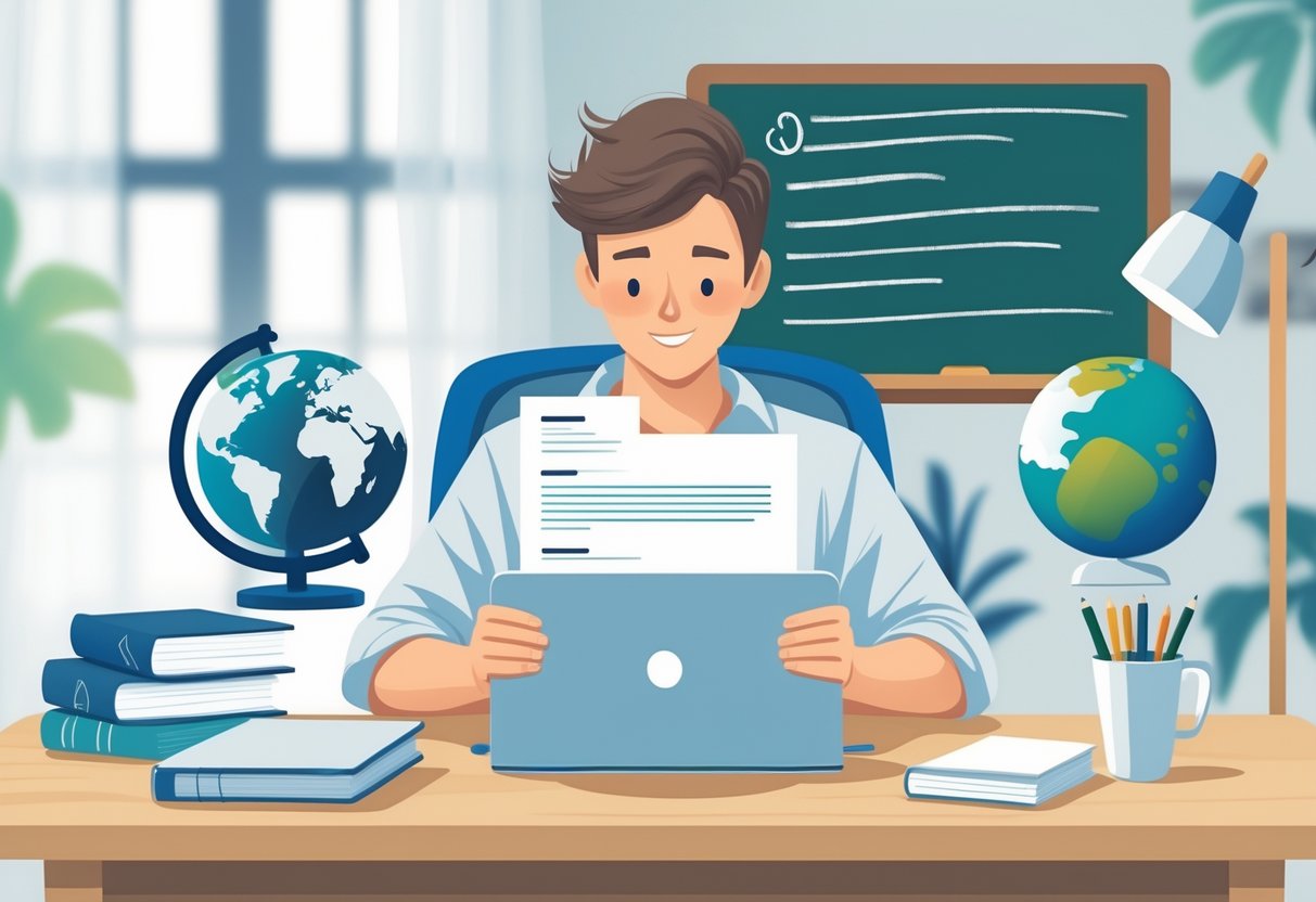 13 English Teacher Resume Examples & Guide for 2025: Expert Tips to Impress Schools 2 A person sitting at a desk, working on a resume on a laptop, surrounded by books and teaching materials in a bright study space.