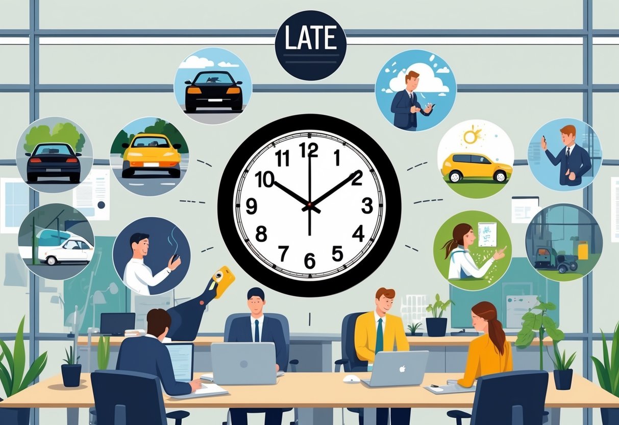 An office scene with a clock showing late time surrounded by ten small scenes of people facing common delays like traffic, flat tire, spilled coffee, broken alarm, helping others, rain, transit delay, grooming issues, pet trouble, and weather alerts.