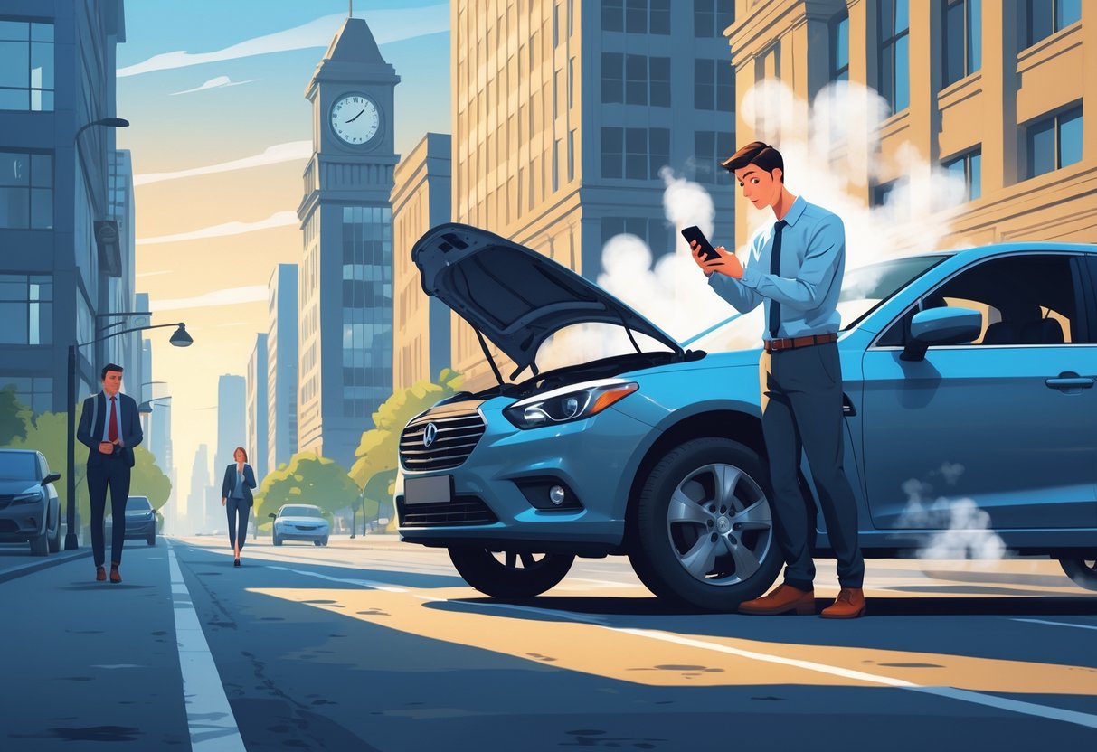 10 Excuse for Showing Up Late at Work: Practical Reasons Employees Use 2 A person in business clothes stands next to a broken-down car with the hood open on a city street, looking at their watch and holding a phone.