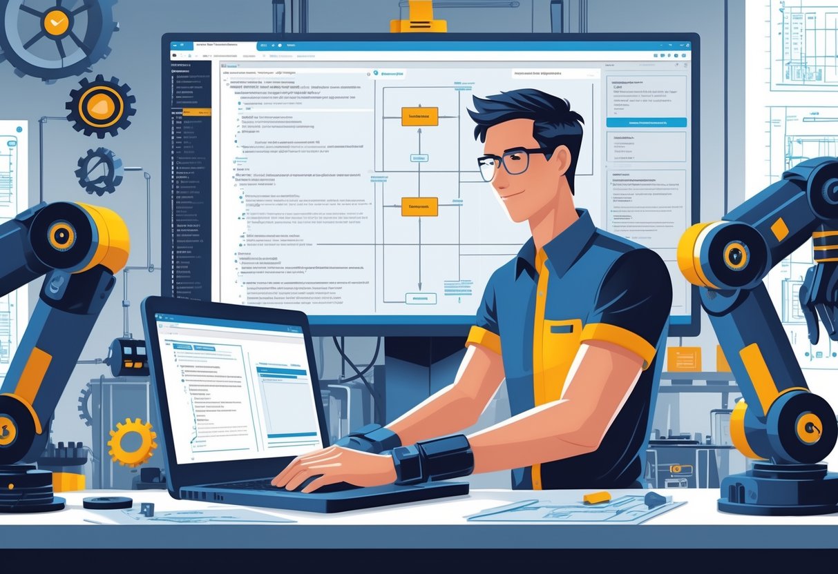 23 Mechanical Engineer Resume Examples & Guide for 2025: Winning Templates and Expert Tips 2 A mechanical engineer working at a desk with mechanical parts, blueprints, and computer screens showing programming code and automation diagrams.