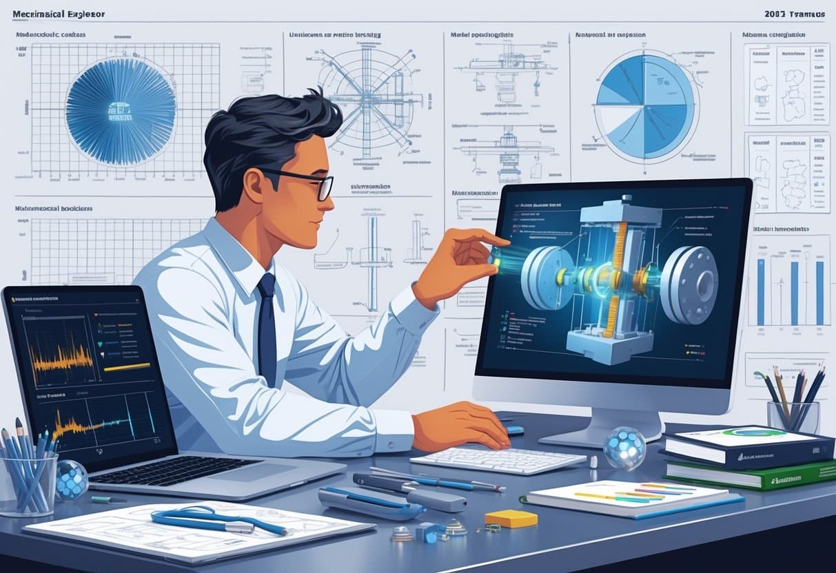 23 Mechanical Engineer Resume Examples & Guide for 2025: Winning Templates and Expert Tips 5 A mechanical engineer studying detailed diagrams and 3D models of thermodynamics and materials science concepts at a desk with engineering tools and textbooks.