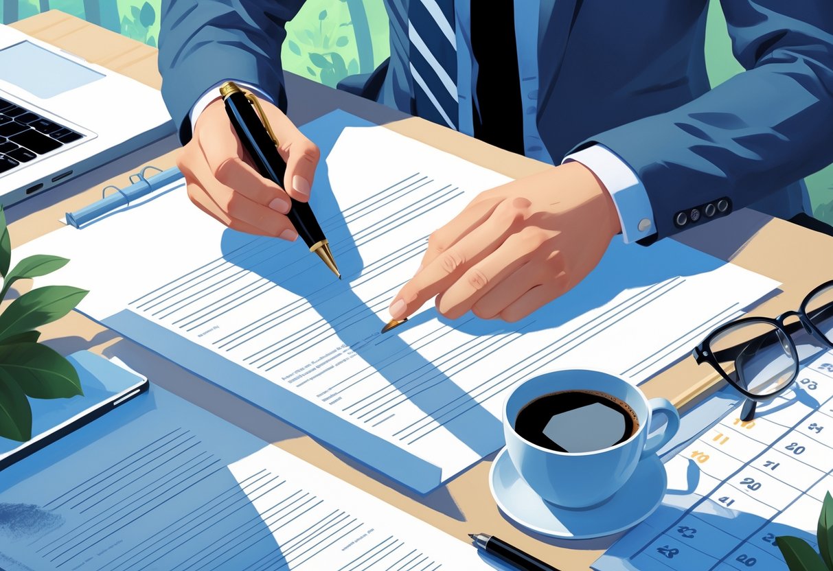 A hand holding a pen poised over a cover letter on a desk with a calendar showing a highlighted date nearby, surrounded by office supplies.