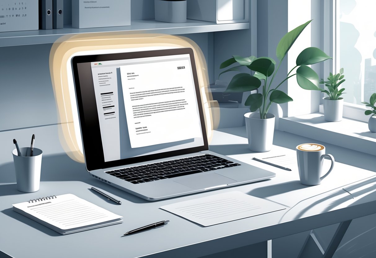 A tidy workspace with an open laptop showing a cover letter document, a calendar nearby, and writing tools on the desk.