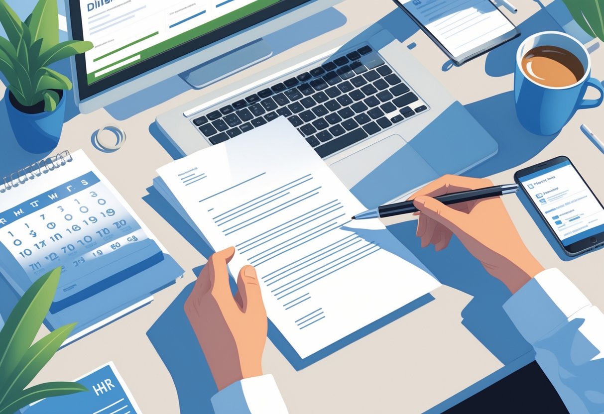 A workspace with a laptop, calendar, and a hand about to write the date on a cover letter.