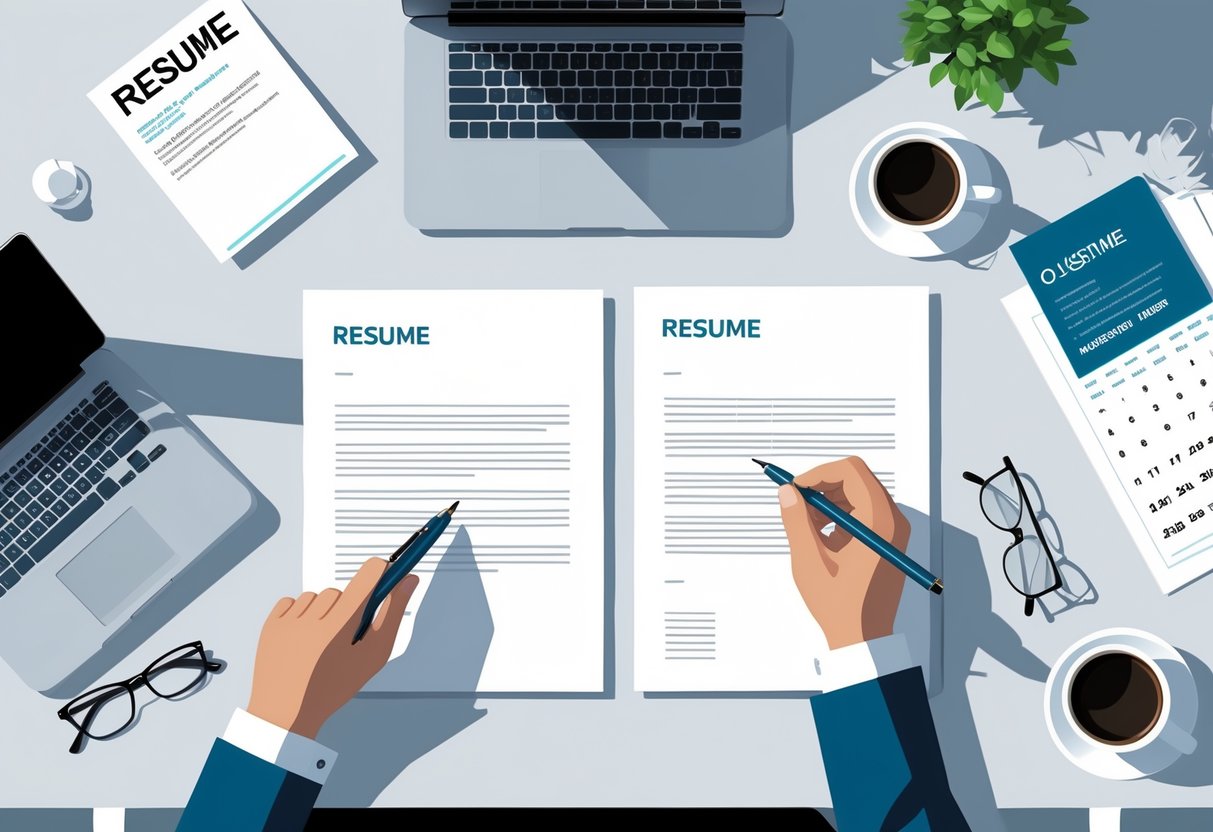 A workspace with a resume and cover letter side by side on a desk, a hand pointing at the date on the cover letter, with office items like a laptop, calendar, coffee cup, and glasses nearby.