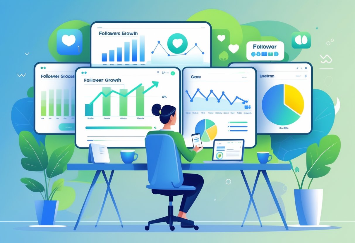 A social media manager at a desk analyzing charts and graphs showing follower growth percentages on multiple screens in a modern office.